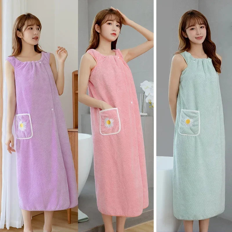 Women's Premium Combed Cotton Bath Wrap - Soft Wearable Towel Robe with Pocket for Home & Spa