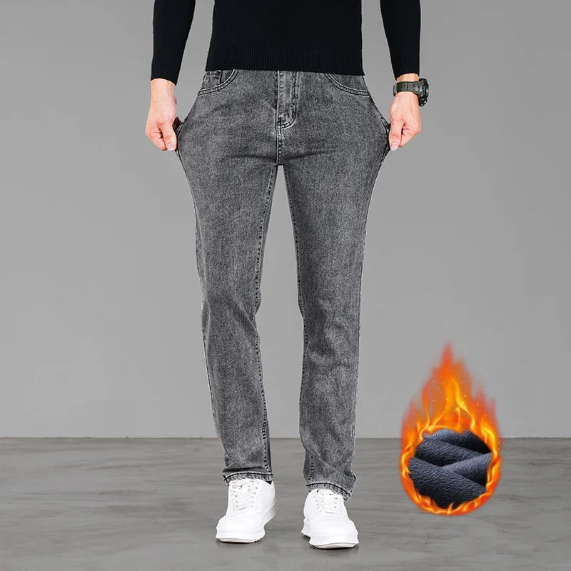 Men's Winter Fleece Lined Jeans - Warm Black Loose Fit"