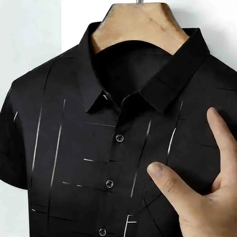 Men's 2026 Geometric Line Print Shirt Short Sleeve with Chest Pocket | 100% Cotton Button-Up Business Casual Daily Office Fashion Top.