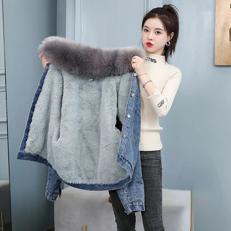 Women's 2024 Designer Winter Denim Jacket-Stylish, Warm, High-Quality Cowgirl Coat in Polyester, Cotton and Acrylic.