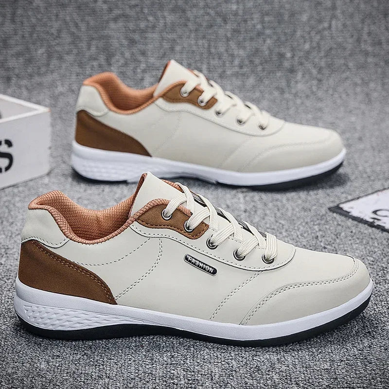 Men's Two-Tone Leather Casual Sneakers — Lightweight Lace-Up Stitching Walking Shoes | EVA Sole Non-Slip Street Style Trainers for Spring & Autumn