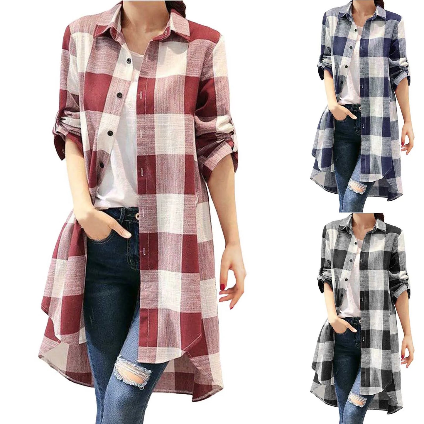 Women's Plaid Longline Shirt — Button-Down Long Sleeve Oversized Tunic Top | 3 Colors