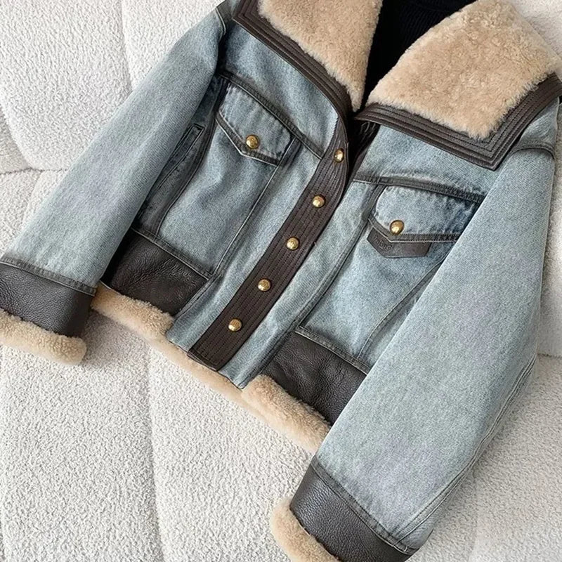 Women’s Premium Denim Winter Jacket - Natural Sheep Leather, White Fur Collar & Goose Down Lining