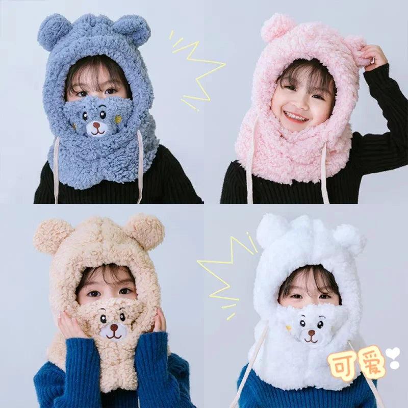 Unisex Kids Bear Ears Hood Hat Scarf Mask - Winter Plush Ear Protection Cap