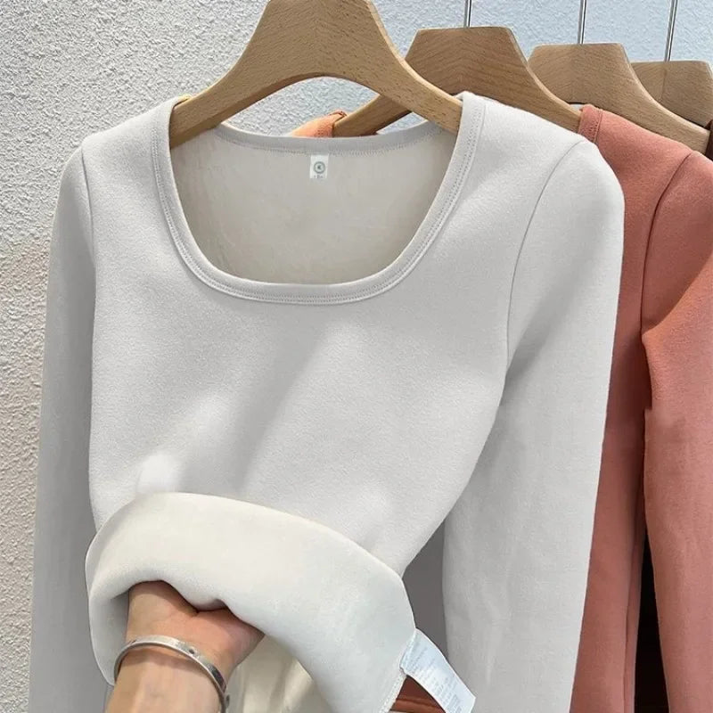 Women's Chic & Cozy Fleece Thermal Pullover: Stylish Square Collar Crewneck for Ultimate Winter Comfort.