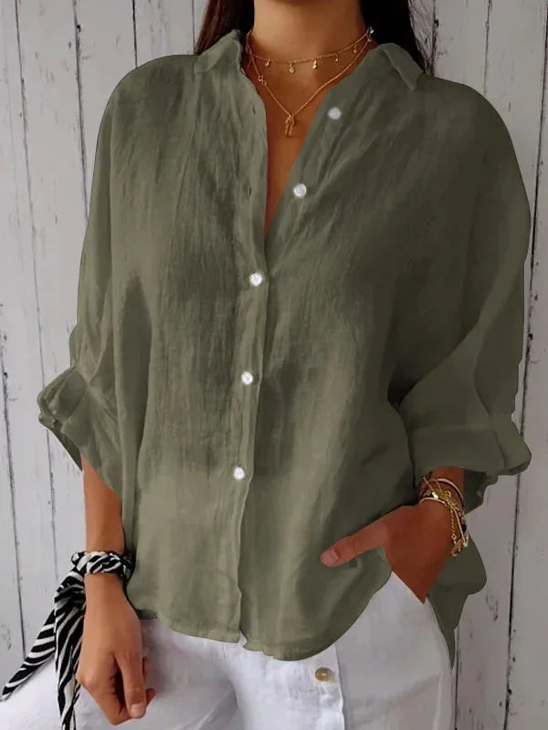 Women's Cotton Linen Button-Up Shirt - Casual Loose Fit Blouse for Summer