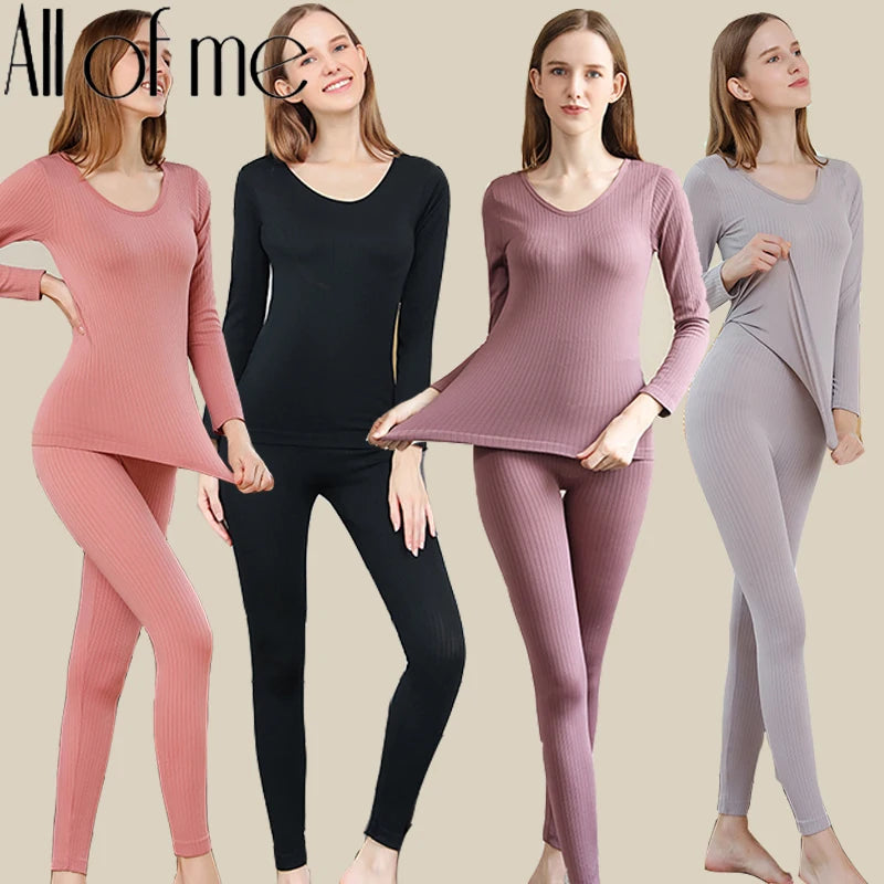Women's Cozy Chic: Sexy Thermal Long Johns Set Featuring Shaping & Middle Collar