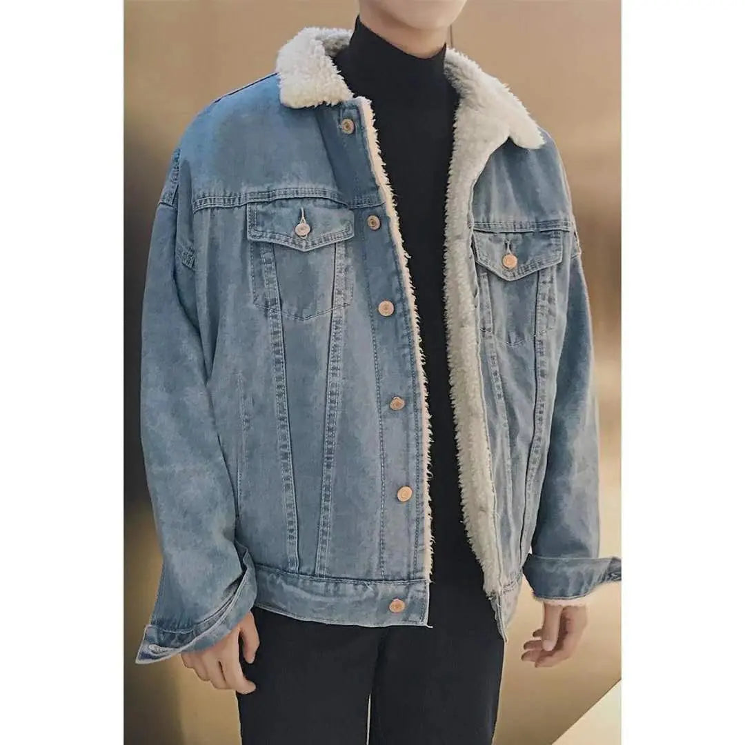 Men's Trendy Winter Denim Jacket - Thickened Lamb Wool Casual Coat.