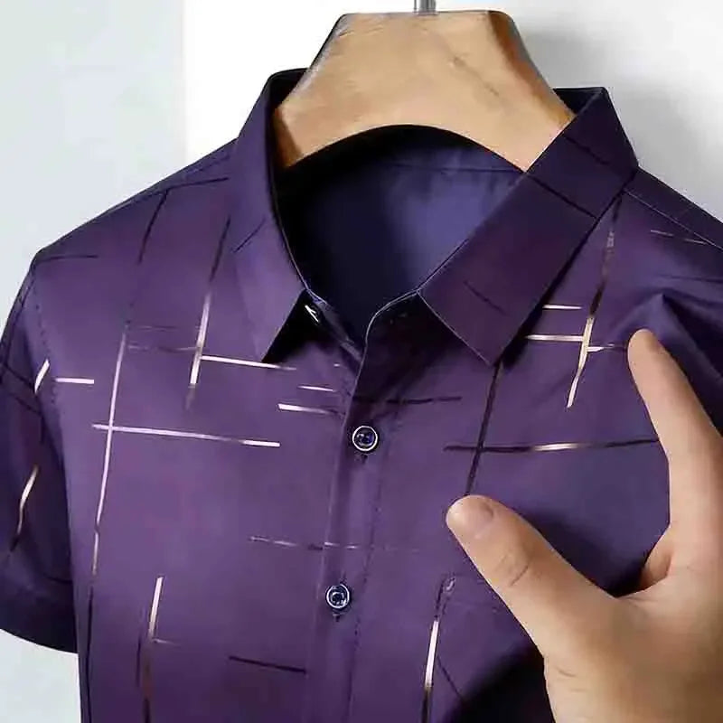 Men's 2026 Geometric Line Print Shirt Short Sleeve with Chest Pocket | 100% Cotton Button-Up Business Casual Daily Office Fashion Top.