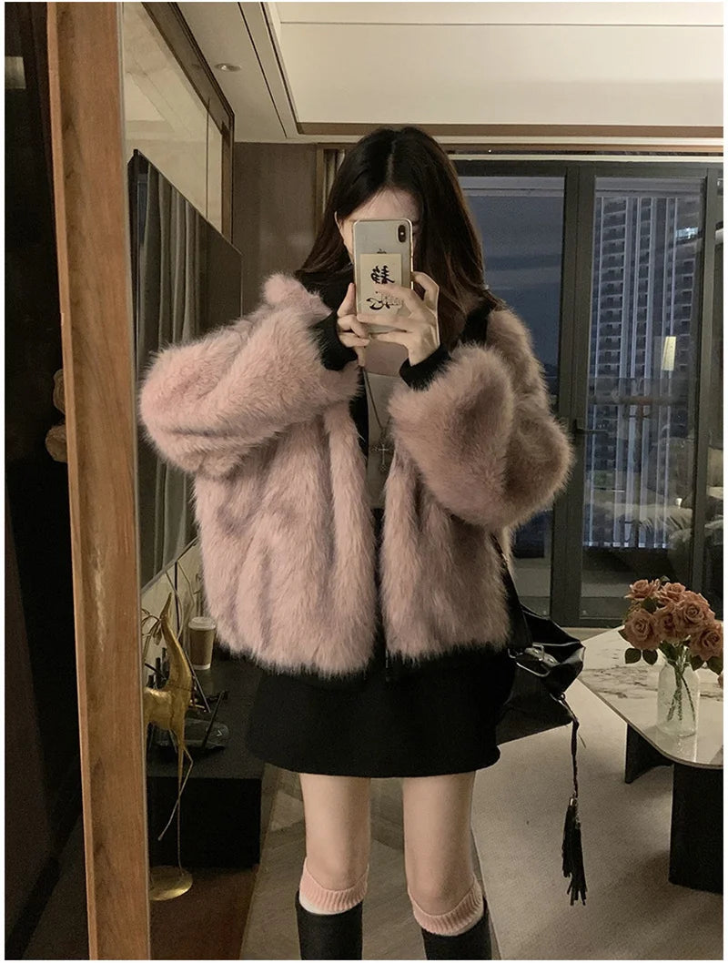 Women's Reversible Faux Fur Hooded Coat - Double Sided Polyester Autumn/Winter Jacket with Warm Padding