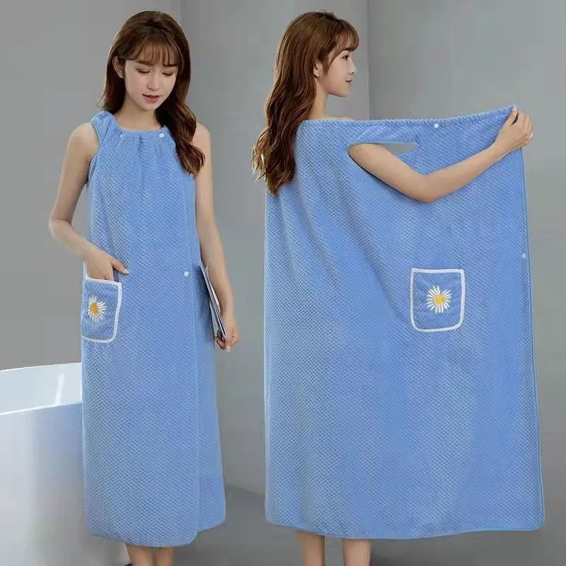 Women's Premium Combed Cotton Bath Wrap - Soft Wearable Towel Robe with Pocket for Home & Spa