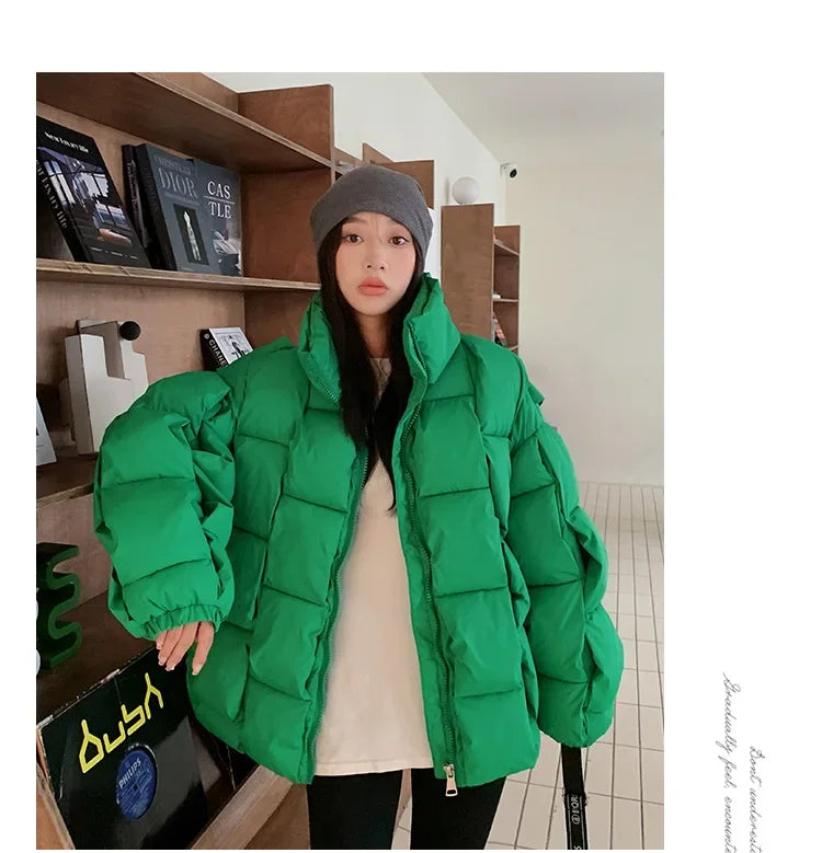 Women's Oversized Puffer Jacket - Warm Cotton Filled Winter Coat with Stand Collar
