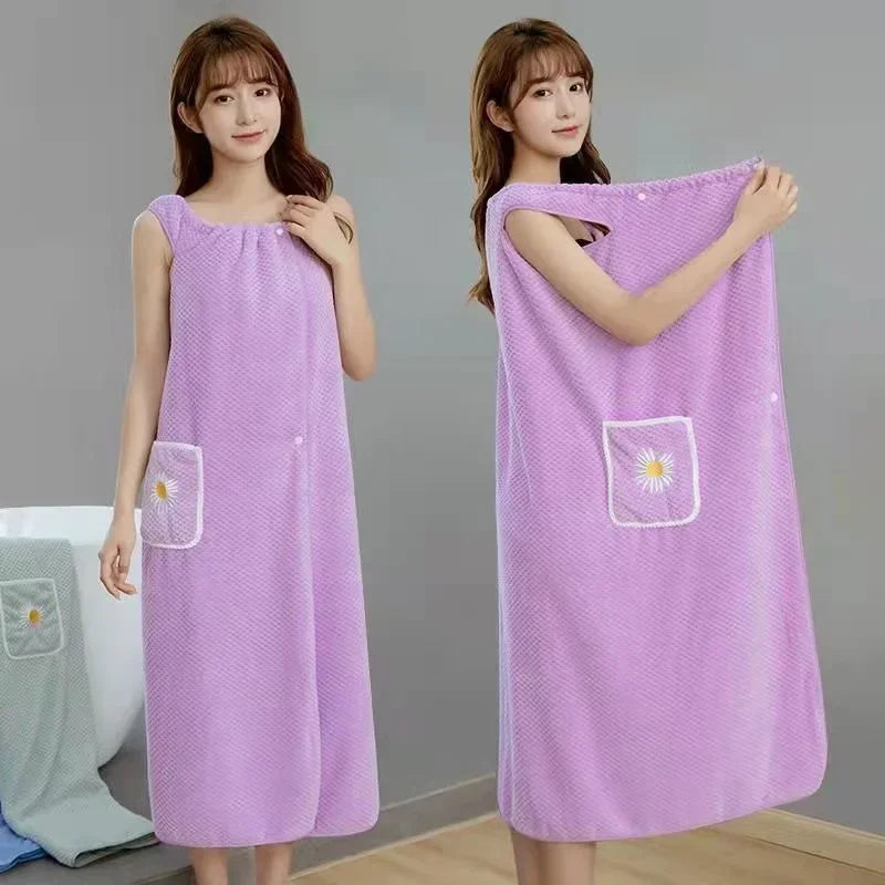 Women's Premium Combed Cotton Bath Wrap - Soft Wearable Towel Robe with Pocket for Home & Spa