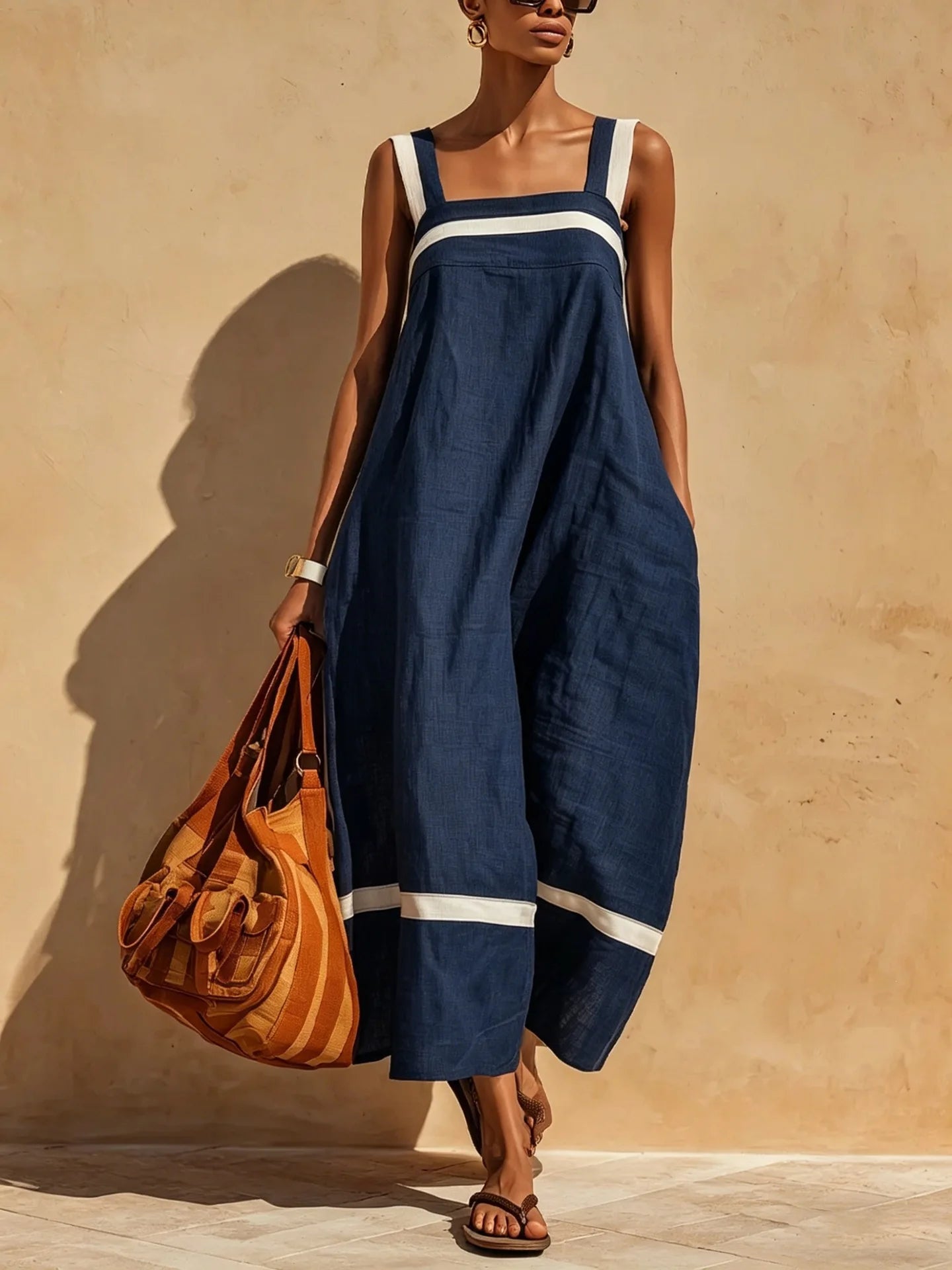 Women's Loose Suspender Dress with Pockets | Solid A-Line Midi Dress | Casual Summer Sleeveless Square Neck Sundress