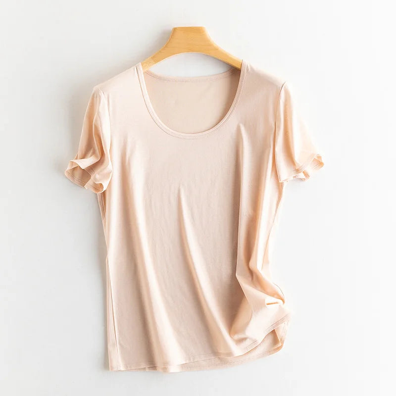 Eesswel Women's V-Neck Silk-Blend T-Shirt | Soft Breathable Summer Tee | Casual Short Sleeve Solid Top – Multiple Colors
