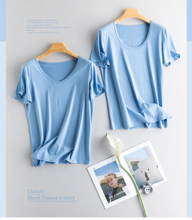 Eesswel Women's V-Neck Silk-Blend T-Shirt | Soft Breathable Summer Tee | Casual Short Sleeve Solid Top – Multiple Colors