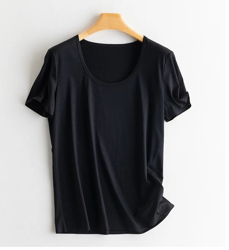 Eesswel Women's V-Neck Silk-Blend T-Shirt | Soft Breathable Summer Tee | Casual Short Sleeve Solid Top – Multiple Colors