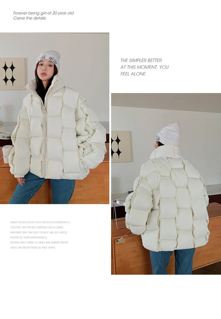 Women's Oversized Puffer Jacket - Warm Cotton Filled Winter Coat with Stand Collar