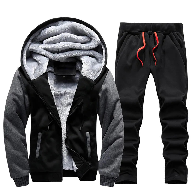 Men's Winter Polyester Set - Warm Hooded Jacket Pants