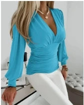 Women's Geometric Print V-Neck Blouse - Long Sleeve Bodycon Top for Fall & Winter