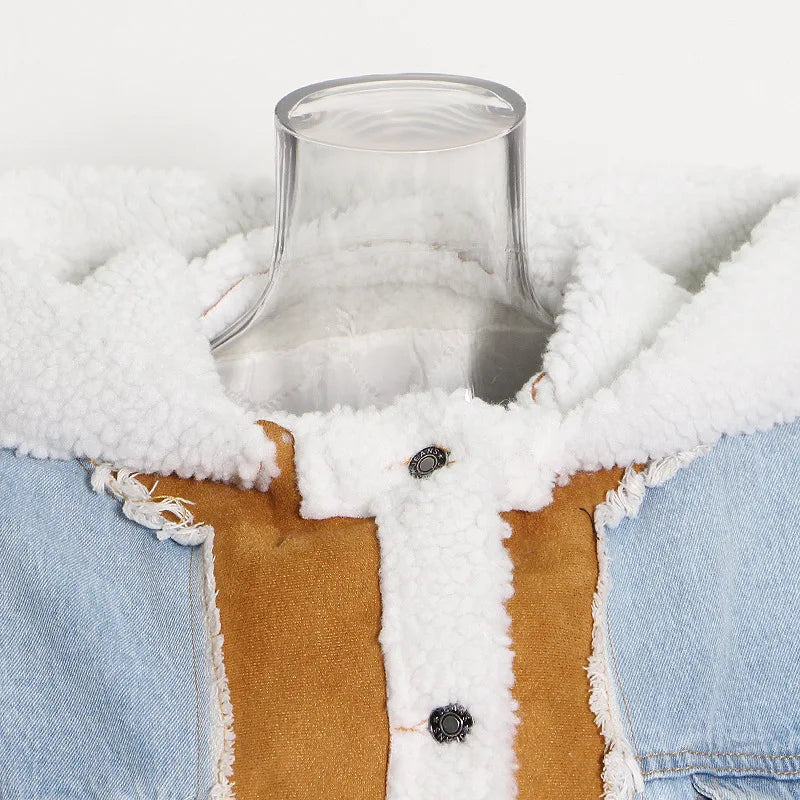 Women's Winter Denim Spliced Hooded Lamb Wool Jacket for Women-Thick Cotton Outwear with Double Pockets & Single-Breasted Closure.