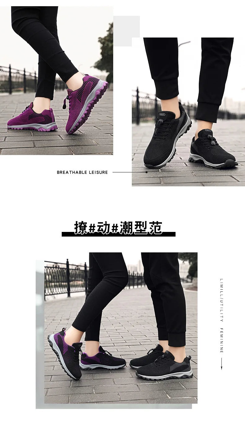 People showcase comfortable and stylish breathable leisure sneakers in black and purple.
