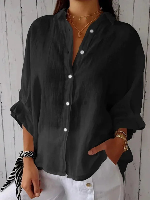 Women's Cotton Linen Button-Up Shirt - Casual Loose Fit Blouse for Summer
