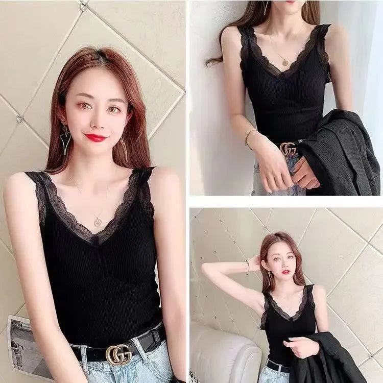 Women's Sleek & Stylish Thermal Lace Vest with Padded Bra for Winter Warmth.