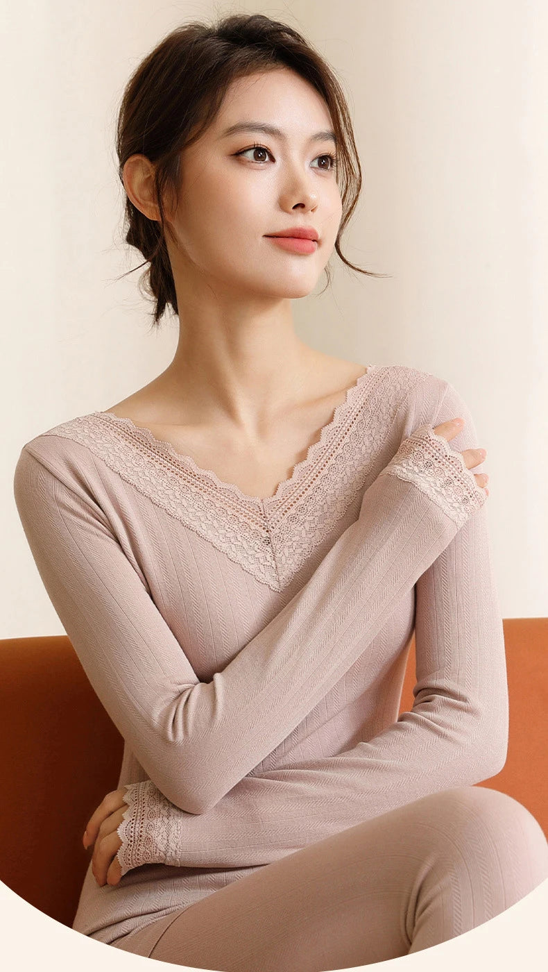 Women's Winter Lace Thermal Underwear Set: Long Sleeve V-Neck Blouse & Slim Fit Pants for Cozy Autumn Style.