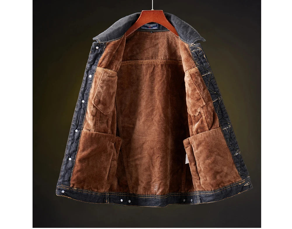 Men's Retro Denim Jacket - Warm Fleece-Lined Punk Streetwear Coat for Winter Adventures.