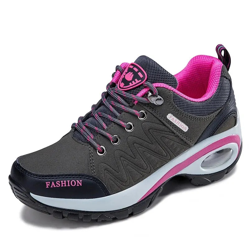 Women's Air Cushion Platform Sneakers - Waterproof Breathable Outdoor Athletic Shoes - Comfortable Lace-Up Hiking Sneakers