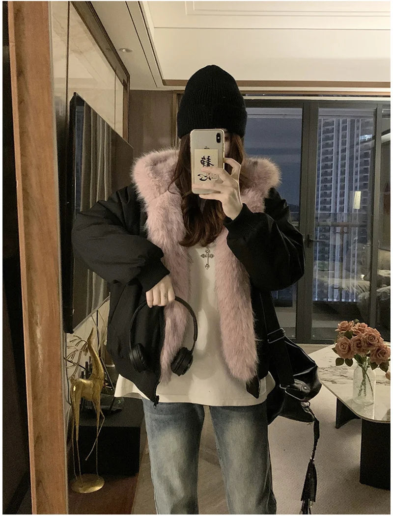 Women's Reversible Faux Fur Hooded Coat - Double Sided Polyester Autumn/Winter Jacket with Warm Padding