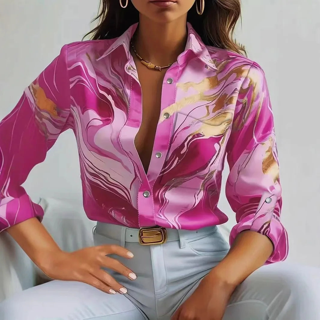 Women's Nowsaa Abstract Print Button-Down Blouse — Long Sleeve Turn-Down Collar Casual Office Top | Vintage Broadcloth Shirt for Spring & Summer