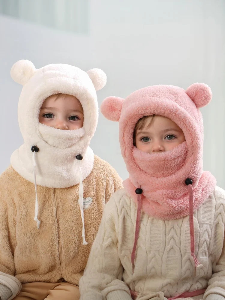 Girls Plush Balaclava Hat Scarf - Windproof Warm Ear Protection Neck Cover