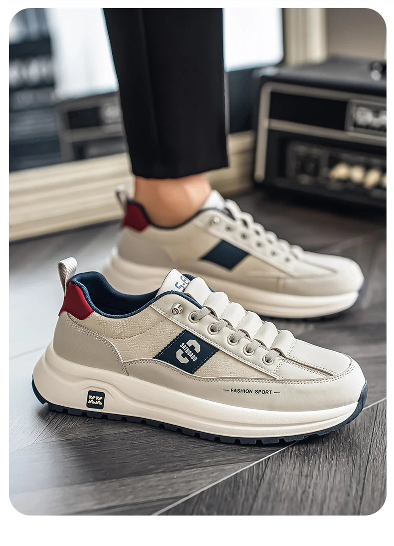 Men's Bonded Leather Lace-Up Casual Sneakers – Breathable Comfort, Non-Slip Rubber Outsole | Fashion Running Style | Black, Beige & Grey | Spring/Autumn