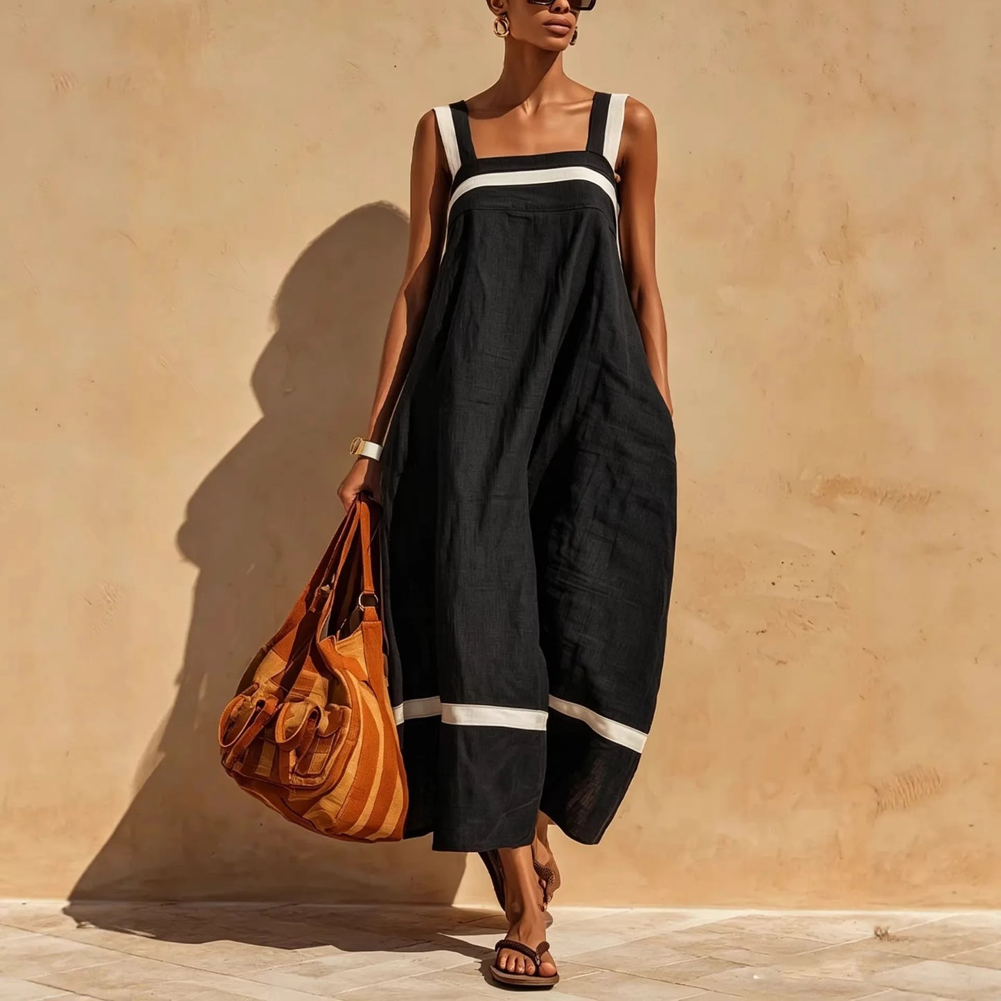 Women's Loose Suspender Dress with Pockets | Solid A-Line Midi Dress | Casual Summer Sleeveless Square Neck Sundress