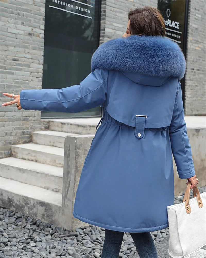 Women's Luxe Winter Parka: Thick Padded Coat with Wool Liner & Fur-Trimmed Hood-Stylish Snow Wear in Cotton-Polyester Blend.