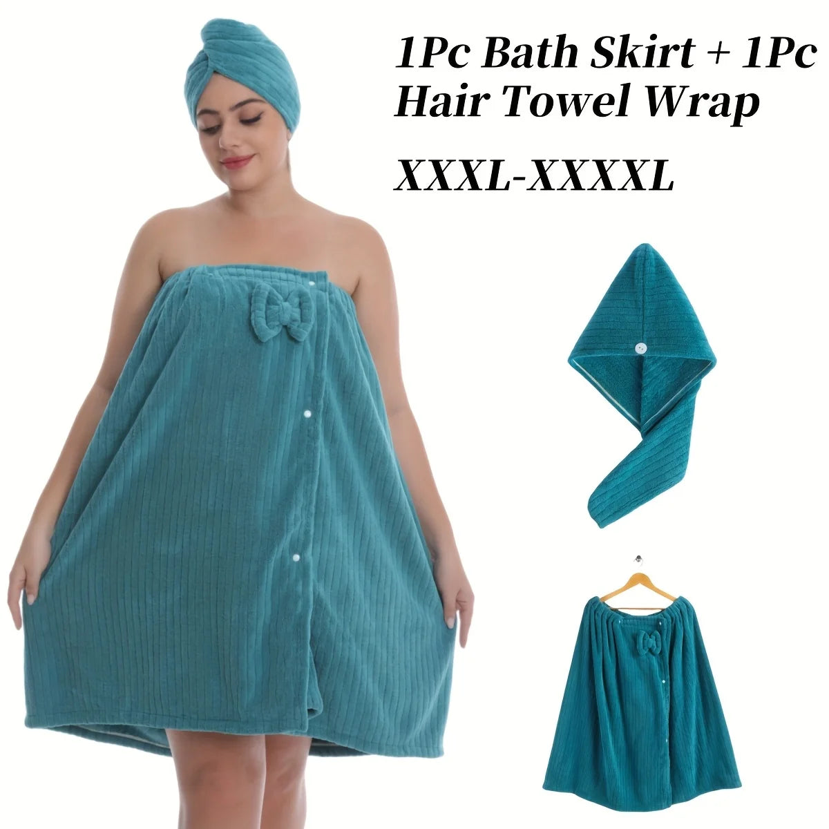 Women's Striped Bath Wrap & Hair Cap Set - Plus Size 2-Piece Luxury Robe, XXXL-XXXXL Adjustable Woven Towel