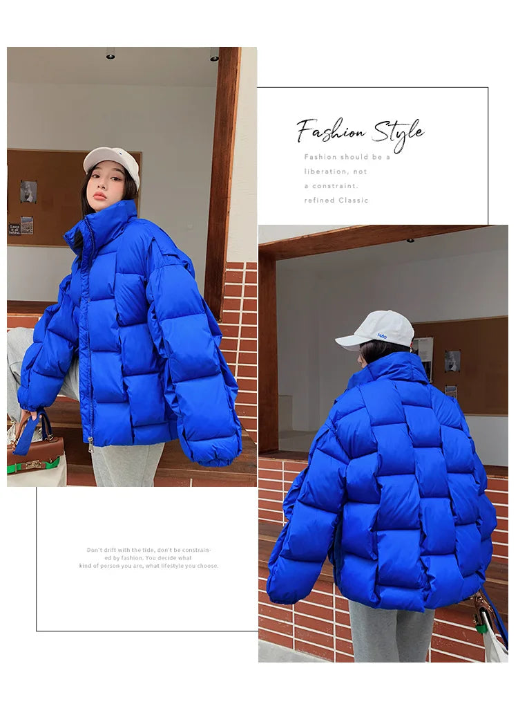 Women's Oversized Puffer Jacket - Warm Cotton Filled Winter Coat with Stand Collar