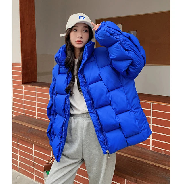 Women's Oversized Puffer Jacket - Warm Cotton Filled Winter Coat with Stand Collar