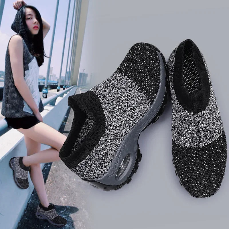 Women's Orthopedic Air Cushion Sneakers - Breathable Mesh Slip-On Platform Walking Shoes - Lightweight Non-Slip Tennis Shoes