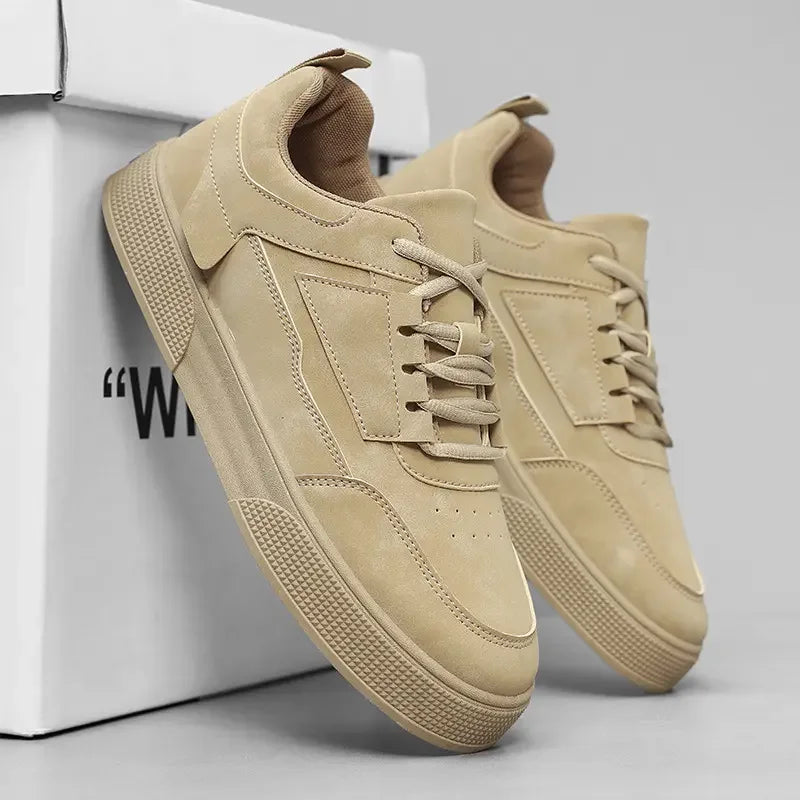 NIDENGBAO Men's Premium Leather Casual Sneakers – Breathable Lace-Up Walking Shoes | Round Toe | Grey & Beige | Spring/Autumn