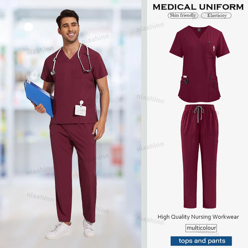 Men's Nursing Scrubs Set  Anti-Wrinkle Medical Surgical Gown Wholesale