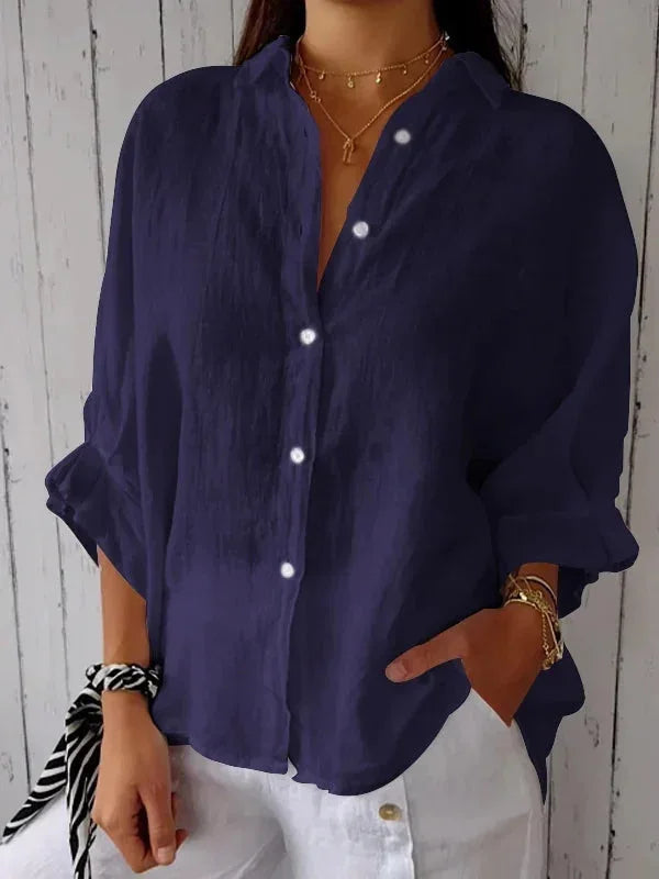 Women's Cotton Linen Button-Up Shirt - Casual Loose Fit Blouse for Summer