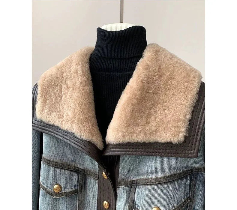 Women’s Premium Denim Winter Jacket - Natural Sheep Leather, White Fur Collar & Goose Down Lining