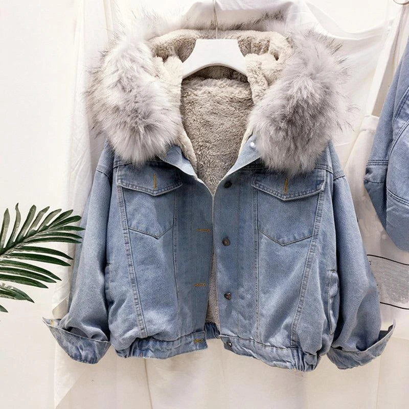 Women's Winter Denim Hooded Coat-Removable Fur Collar, Fleece Lined, Warm Cotton & Polyester Jacket.