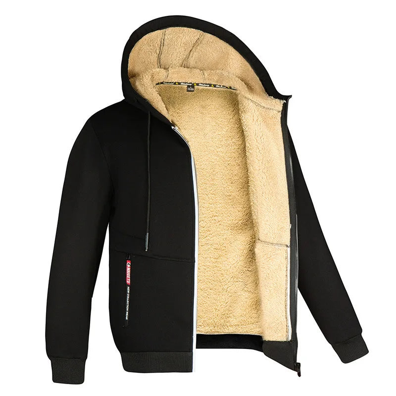 Men's Cashmere Plush Lined Sweatshirt Coat - Warm Zipper Lamb Wool Jacket with Front Pockets
