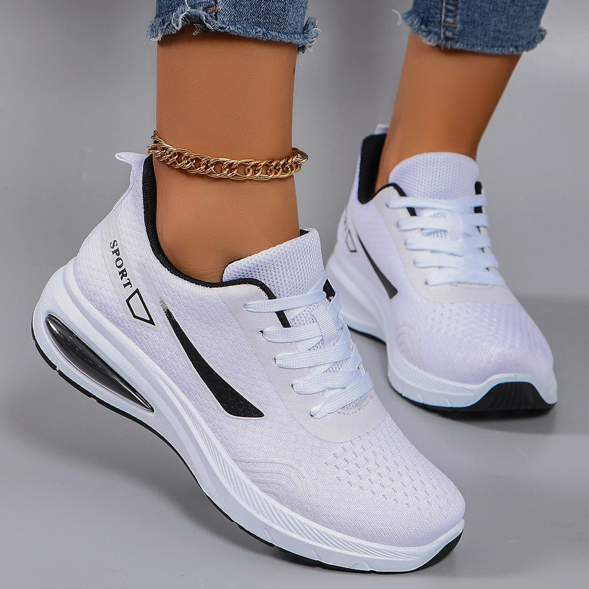 Women's Air Cushion Lace-Up Sneakers – Breathable Mesh Color-Block Running Style Shoes with Rubber Sole