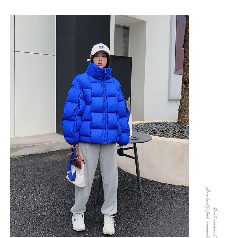 Women's Oversized Puffer Jacket - Warm Cotton Filled Winter Coat with Stand Collar