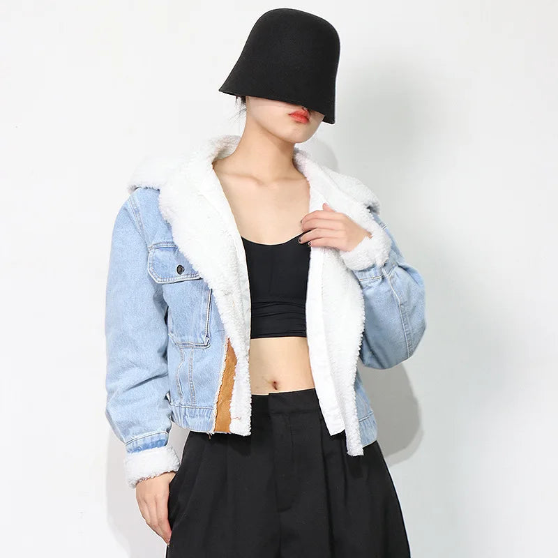 Women's Winter Denim Spliced Hooded Lamb Wool Jacket for Women-Thick Cotton Outwear with Double Pockets & Single-Breasted Closure.